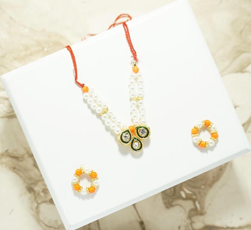 Orange & White Stone Pearl Beads Mala With Bracelets ( 2 Inch )