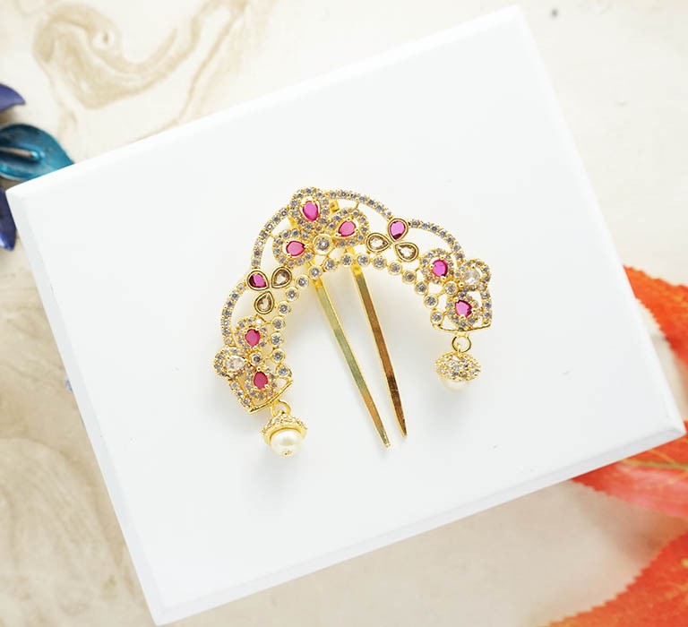 Elegant Golden Red AD Stone Work Chandrika ( Large )